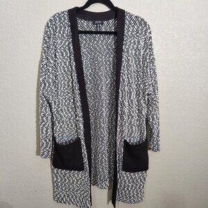 Jones New York Cardigan Sweater Open Front Pocket Textured 1X Black White